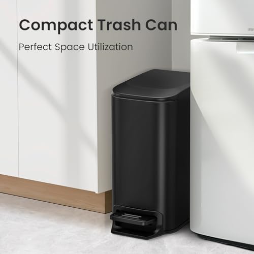 Cesun Small Bathroom Trash Can with Lid Soft Close, Step Pedal, 6 Liter / 1.6 Gallon Stainless Steel Garbage Can with Removable Inner Bucket, Anti-Fingerprint Finish (Matt Black)