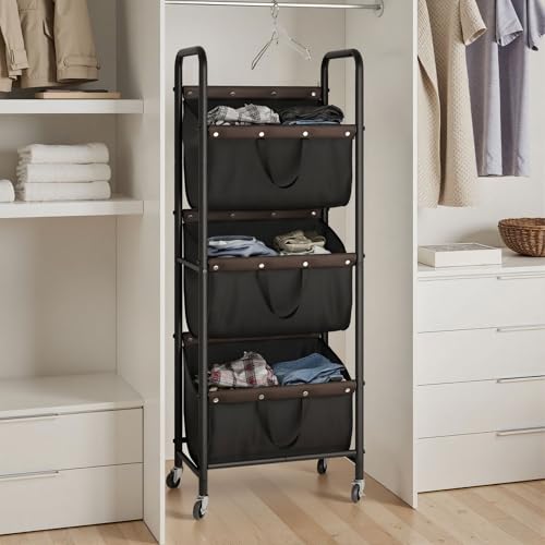 GRANNY SAYS 3 Tier Laundry Sorter, Laundry Basket with Wheels, Laundry Room Organization and Storage, 3 Section Rolling Laundry Cart for Dorm, Bathroom, Bedroom, Closet, Black