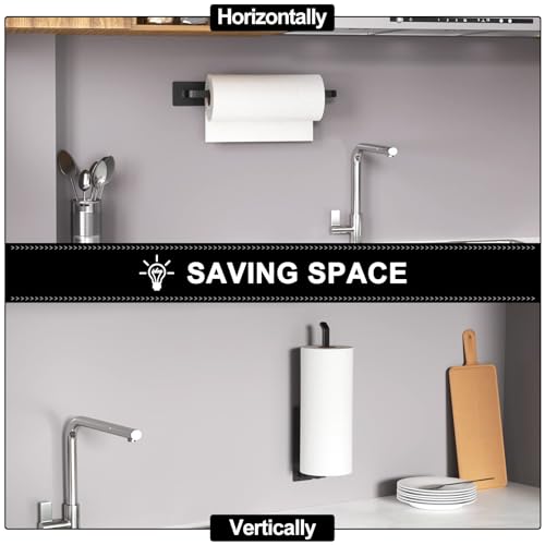 Paper Towel Holder - Self-Adhesive or Drilling, Matte Black, Upgraded Aluminum Kitchen Roll Dispenser Under Cabinet, Lighter but Stronger Than Stainless Steel!