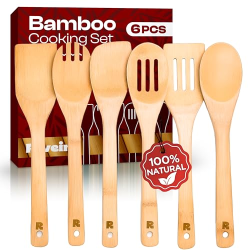Riveira Bamboo Cooking Spoons 6-Piece – Wooden Cooking Utensils Set with Wooden Spoons for Cooking & Spatulas Wooden Utensil Sets – Premium Kitchen Utensils Set – Durable First Apartment Essentials