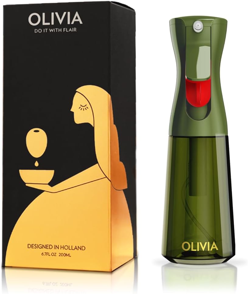 FLAIROSOL OLIVIA Oil Sprayer for Cooking, 200ml Glass Olive Oil Sprayer, Continuous Cooking Spray with Portion Control, Oil Dispenser for Kitchen, Air Fryer, Salad, BBQ (Green Bottle, Gold Print)
