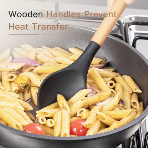 Astercook 39 PCS Kitchen Utensils Set, Silicone Cooking Utensils Set with Wooden Handle, 446°F Heat Resistant Food Grade Utensil Sets, BPA Free Kitchen Gadgets Tools Set for Nonstick Cookware (Black)