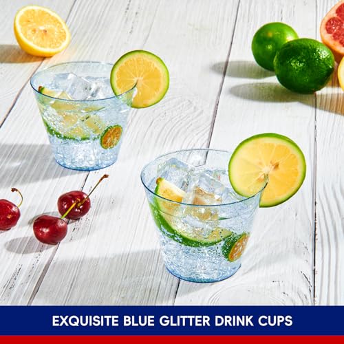 JOLLY CHEF 100 Pack 9 oz Blue Plastic Cups, Disposable Cups Tumblers, Elegant Blue Glitter Party Glasses for Wedding, Thanksgiving Day, Christmas Halloween