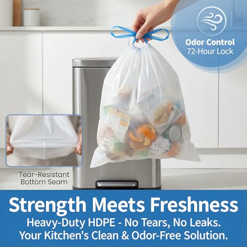 13 Gallon Trash Bags Drawstring 120 Count, 1.7 Mil Thick White Garbage Bags, Easy-Dispense Roll for Kitchen & Household Use, Resists Tears, Leaks and Punctures