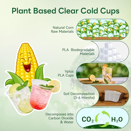 Vplus 12 oz Compostable Clear Plastic Cold Cups, 100 Pack Biodegradable Disposable Cups, BPA & PFAS Free, Plant-Based Plastic Cups for Juice, Wine, Parties, Weddings, and Everyday Use