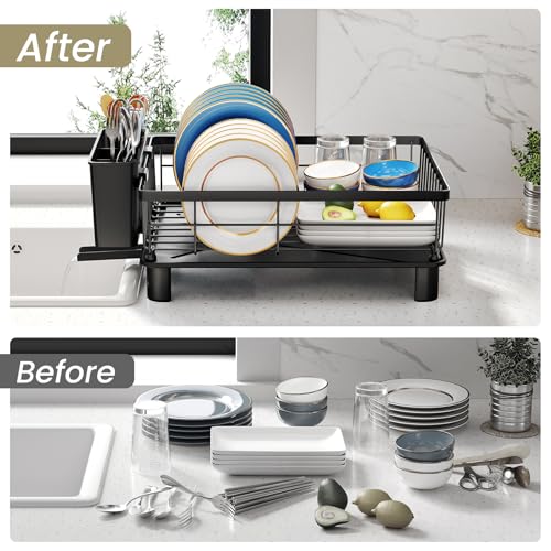 SNTD Dish Drying Rack - Small Dish Rack for Kitchen Counter, Stainless Steel Dish Drainer with Utensil Holder and Drainboard, 11" W x 15" L (Black)