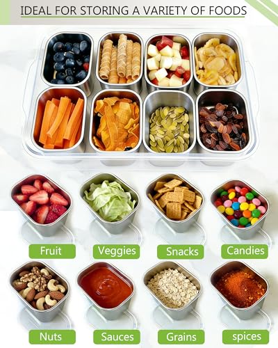 Snackle Box Container, Stainless Steel Divided Serving Tray with Lid and Handle, Large Snack Tray for Fruit Veggie Candy, 8-Compartment Snack Platter for Travel Party Beach Picnic