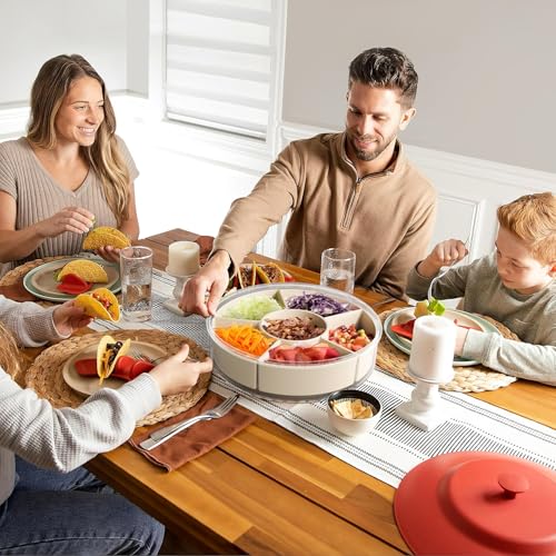 Divided Serving Tray with Lid and Handle,Large Snack Spinner,Snackle Box Container, Multi-Purpose Food Platter for Charcuterie Veggie Fruit, Taco Tuesday Movie Night Travel Beach Picnic Essentials
