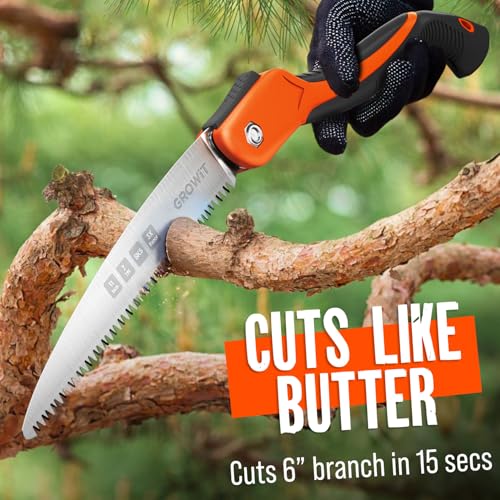 GROWIT Folding Camping saw 11 Inch - Heavy Duty Pruning Saw with Triple-Cut SK5 Blade, 7 TPI Razor Teeth for Tree Trimming, Wood Cutting, Camping, Bushcraft, and Gardening