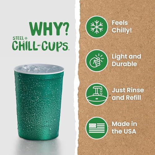 Steel Chill Cups 16 oz. Party Cups, Perfect for Cold Drinks, Sturdy & Durable, Disposable and 100% Recyclable, Made in USA, Green, 12 Count