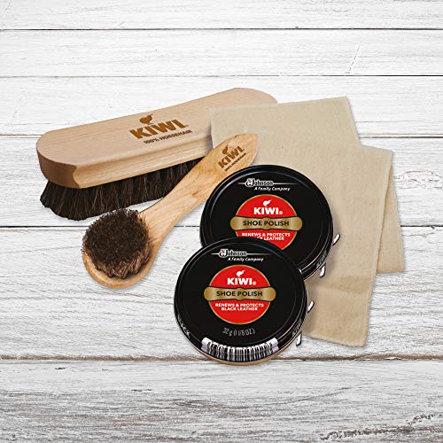 KIWI Shoe Shine Kit, Black - Gives Shoes Long-Lasting Shine and Protection (2 Tins, 1 Brush, 1 Dauber and 1 Cloth)