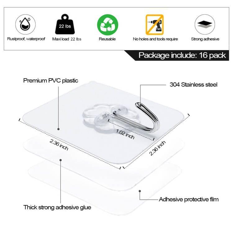 ZESLMG Adhesive Wall Hooks for Hanging, 16 Pack Self Sticky Hooks Heavy Duty 22lb Clear, Removable Shower Hook No Damage for Towel Key Coat Wreath Picture Outdoor Ceiling Bathroom Kitchen, Waterproof