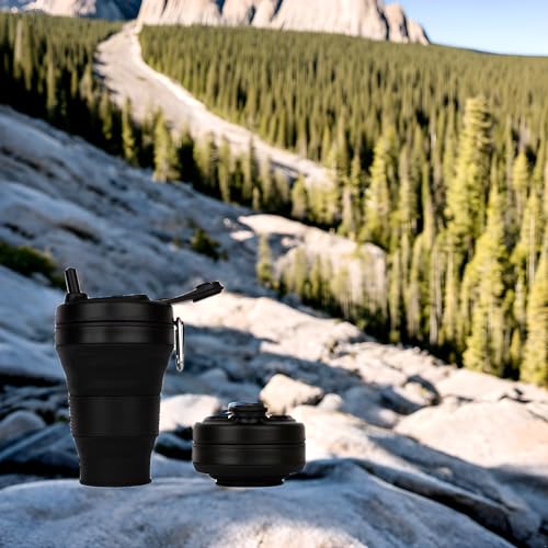 Silicone Coffee Cup with Straw lid Collapsible Cups for Traveling 20oz Lightweight Folding Water Mug for Picnic Hicking Camping Climbing (Black)