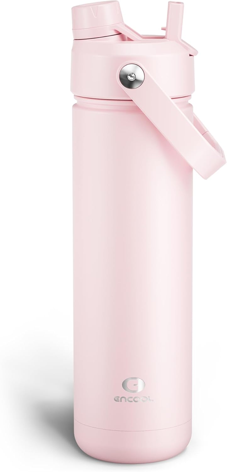 ENCOOL Insulated Water Bottle with Straw Stainless Steel Water Bottle, Leak-Proof, BPA-Free, Double Wall Vacuum Keeps Cold for 24 Hours for Sports, Travel, School (26 oz, Cotton Candy)