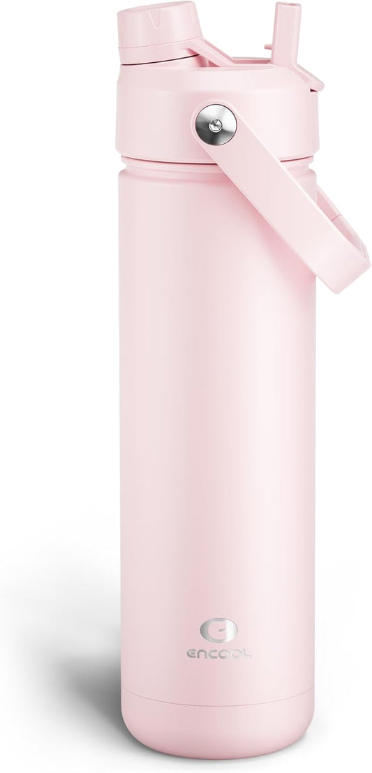 ENCOOL Insulated Water Bottle with Straw Stainless Steel Water Bottle, Leak-Proof, BPA-Free, Double Wall Vacuum Keeps Cold for 24 Hours for Sports, Travel, School (26 oz, Cotton Candy)