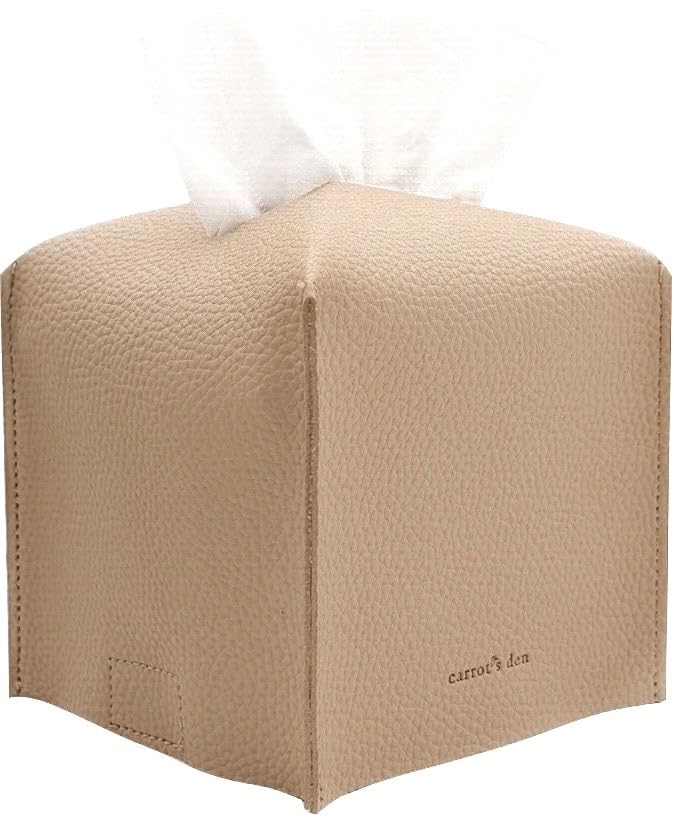 Tissue Box Cover Holder, Square with Bottom Belt by Carrot's Den - PU Leather Decorative Organizer for Tabletop, Bathroom, Car, Office | Beige