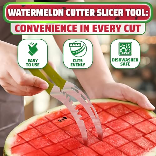 Watermelon Cutter Slicer Tool - Stainless Steel Watermelon Slicer Cutter Tool, Dishwasher Safe, Ergonomic Handle, Rust-Resistant - Curved Shape and Rounded Edges for Safe, Easy Slicing & Serving