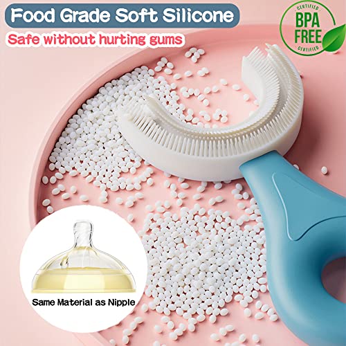 YOTEE U-Shaped Toothbrush Kids 2 PCS - Toddler Toothbrush with Food Grade Soft Silicone Brush Head, Manual Whole Mouth Tooth Brush for Kids Age 2-6(Blue+Pink)