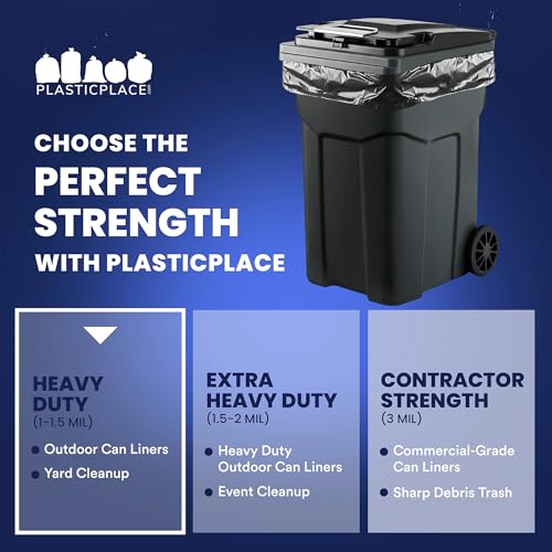 Plasticplace 64-65 Gallon Black Trash Bags, Heavy Duty Toter Can Liners, Tear & Leak-Proof, Industrial Strength, 25 Count, Large Garbage Bags for Kitchen & Commercial Use 1.2 Mil, 50" x 60"