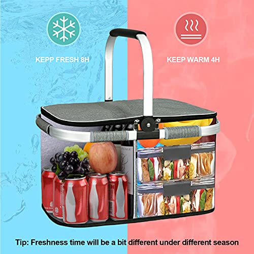 LIQING 35L Large Picnic Basket 2 Layers of Internal Pockets Leak-Proof and Insulated ，Folding with Internal Support for enhansed Stability, Wedding Gifts for Couple(Grey)