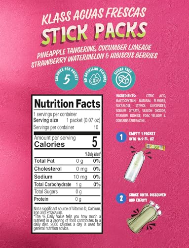 Klass Aguas Frescas, Powdered Drink Mix Variety Pack, 40 Singles Zero Sugar & Caffeine-Free Powder Packets, Water Drink Mix, Flavors: Cucumber Limeade, Strawberry Watermelon, Hibiscus Berries & Pineapple Tangerine - 5 Calories Per Packet & Natural Flavors