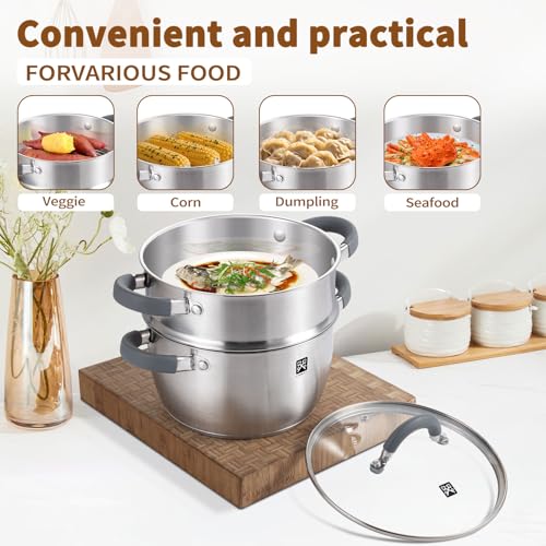 GOLDEN KEY 3.2 QT Steamer Pot With Lid - 2-Tier 18/8 Stainless Steel，Multipurpose Steaming Cookware with Vegetable Steam Basket, Oven & Dishwasher Safe, Triple Bottom for Even Heating, Perfect for Dumplings, Seafood and Vegetables