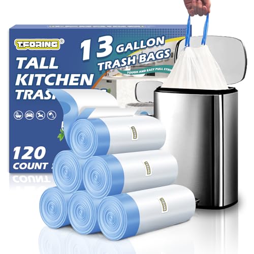 13 Gallon Trash Bags Drawstring 120 Count, 1.7 Mil Thick White Garbage Bags, Easy-Dispense Roll for Kitchen & Household Use, Resists Tears, Leaks and Punctures