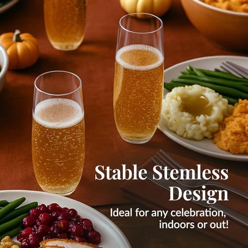 Prestee 24-Pack Stemless Plastic Champagne Flutes - 9 oz Clear Disposable Glasses for Wine, Cocktails, Mimosas - Champagne Flutes Plastic for Parties and Celebrations