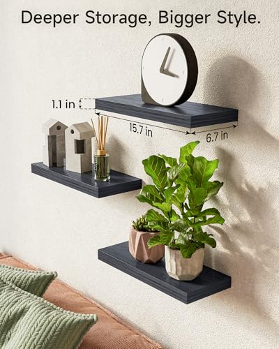 BAYKA Floating Shelves for Wall, Wall Mounted Rustic Wood Shelves for Bathroom, Bedroom, Living Room, Kitchen, Hanging Shelf for Books/Storage/Room Decor with 22lbs Capacity (Black, Set of 3, 15.7in)
