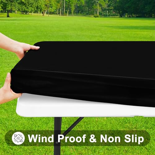 Smiry Rectangle Tablecloth, Elastic Fitted Flannel Backed Vinyl Tablecloths for 6ft Folding Tables, Waterproof Wipeable Table Covers for Indoor, Outdoor, Picnic and Camping (Black, 30"x72")