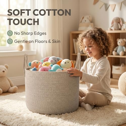 65L Extra Large Blanket Basket for Living Room - Woven Cotton Rope Laundry Hamper with Reinforced Handles - Storage Bin for Pillows, Comforters & Toys - Machine Washable,Oatmeal
