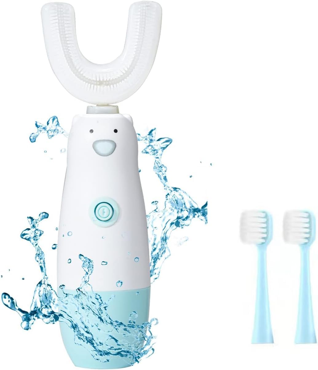 Meqtpomy Kids Electric Toothbrush，Toddler Toothbrush Waterproof Battery Powered 360 Automatic Sonic u Shaped Toothbrushes for 2-7 Years Old for Boys Girls，with 2 Replacement Brush Heads（Blue）