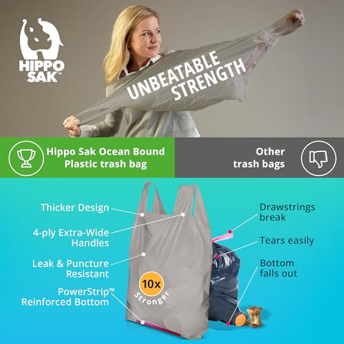 Hippo Sak - Tall Kitchen Garbage Bags with Ergonomic Handles - 13 Gallon Trash Bags Made from Recycled Ocean Bound Plastic - Super Strong and Leak Proof Tall Kitchen Trash Bags (90 Count)