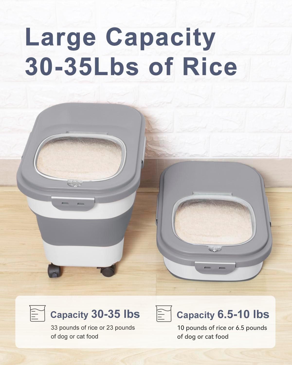 20-30 Lbs Rice Storage Container,Collapsible Food Storage Containers with Rolling Wheel Airtight Locking Lid,Flour Storage Container with Cup and Scoop,Suitable for Food,Rice,Pet Food,Flour