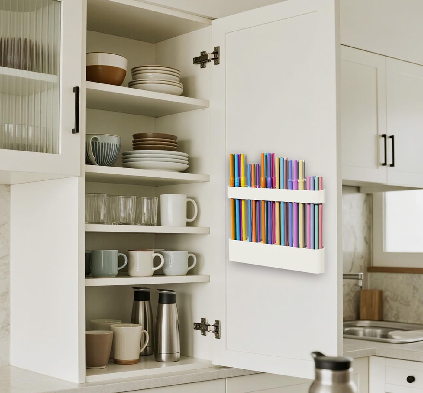 Straw Holder for Cabinet Door, Silicone Straw Organizer for Cabinet Door, Kitchen Cabinet Organizer Reusable Straws Dispenser for Home Kitchen Accessories (White)