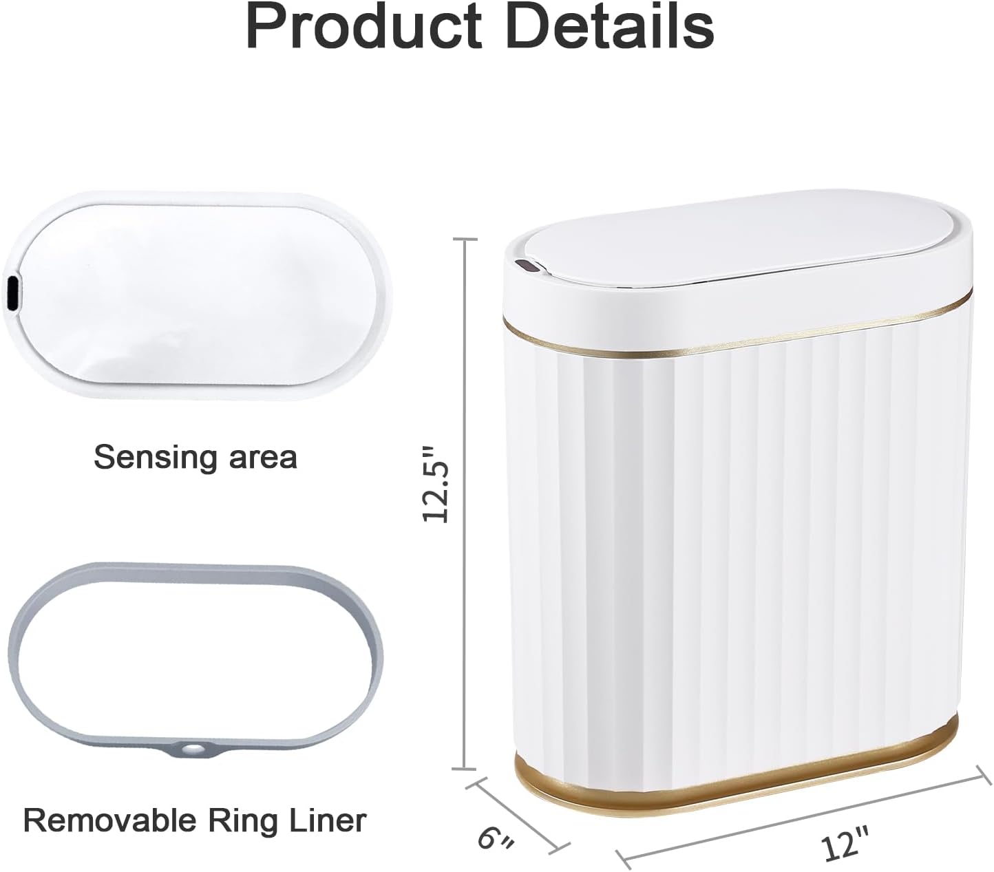 ELPHECO Automatic Motion Sensor Trash Can - 2 Gallon Slimline for Bathroom, Bedroom, Kitchen, Office - White with Gold Trim