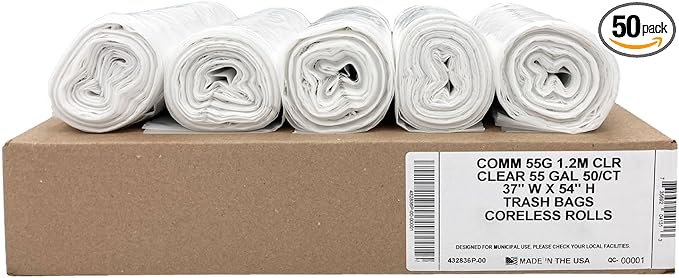 Ultrasac Heavy Duty 55 Gallon Clear Trash Bags - (Value 50 Pack) - 1.2 MIL equivalent Industrial Strength Plastic 37" x 54" for 50-55 Gal Cans -Fits Toter, Rubbermaid Brute, Carlislie Bronco etc.