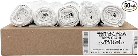 Ultrasac Heavy Duty 55 Gallon Clear Trash Bags - (Value 50 Pack) - 1.2 MIL equivalent Industrial Strength Plastic 37" x 54" for 50-55 Gal Cans -Fits Toter, Rubbermaid Brute, Carlislie Bronco etc.