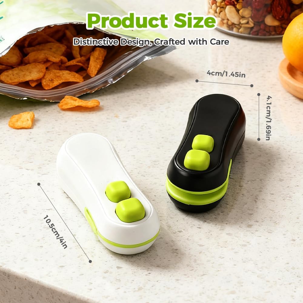 Mini Bag Sealer, 2-in-1 Heat Sealer and Cutter with Magnet, Portable USB Rechargeable Bag Resealer for Chip Bags, Snacks & Food Storage, Handheld Chip Bag Sealer (White)