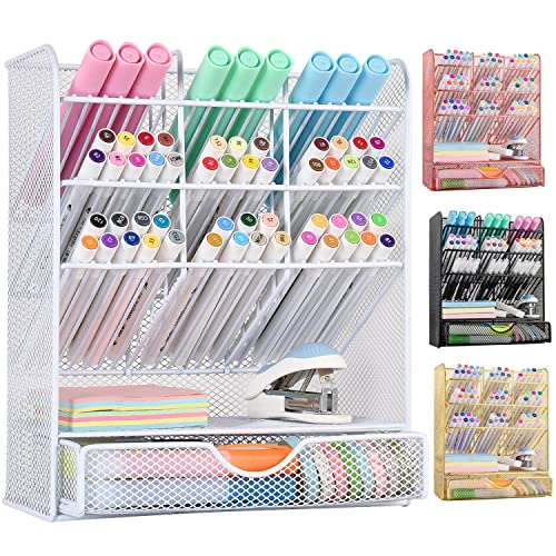 Spacrea Pen Holder Desk Organizer - Desk Organizers and Accessories, Pencil Holder with 10 Compartments and 1 Drawer（White）