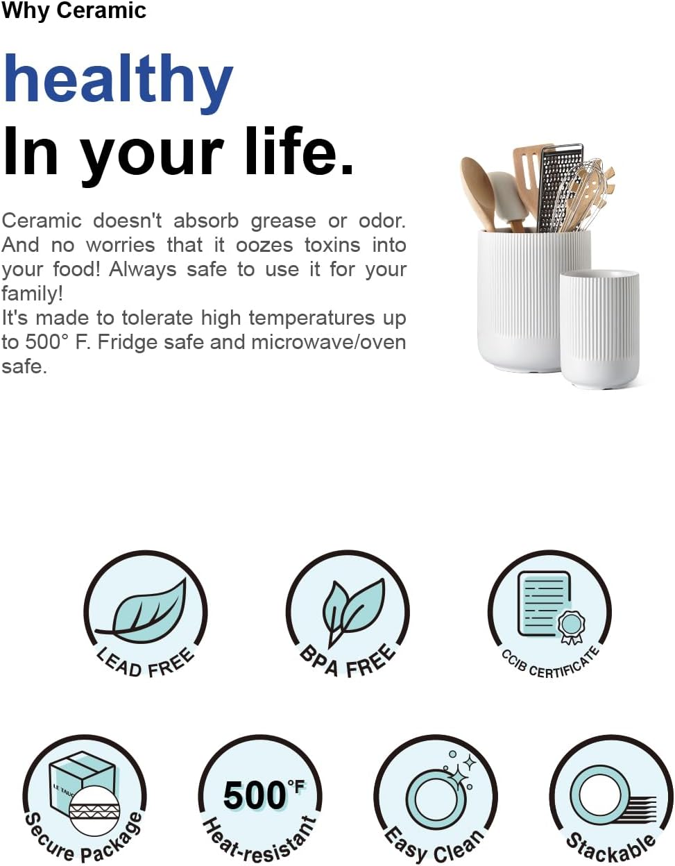 LE TAUCI Utensil Holder, 7.3"+5.4" Ceramic Kitchen Utensil Holder for Countertop, Large Cooking Utensil Crocks for Kitchen Counter Decor, Morden Utensil Organizer for Spatula, Set of 2, White