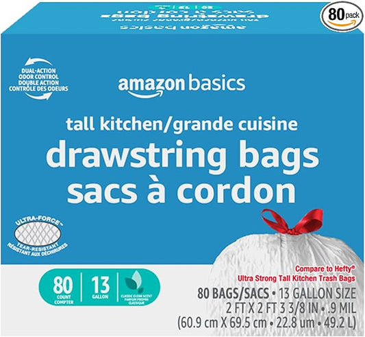 Basics Ultra-Force Tall Kitchen Drawstring Trash Bags, Classic Clean Scented, 13 Gallon, 80 Count with Odor Control