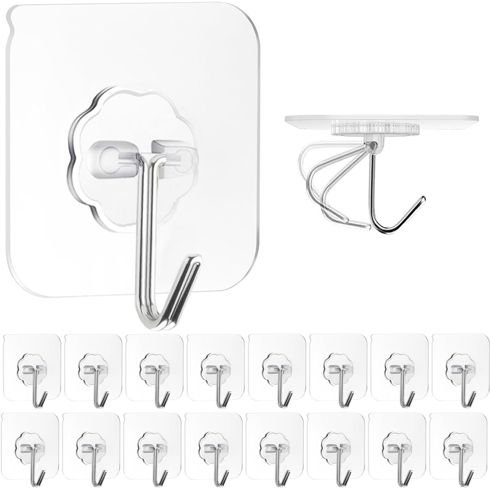 ZESLMG Adhesive Wall Hooks for Hanging, 16 Pack Self Sticky Hooks Heavy Duty 22lb Clear, Removable Shower Hook No Damage for Towel Key Coat Wreath Picture Outdoor Ceiling Bathroom Kitchen, Waterproof