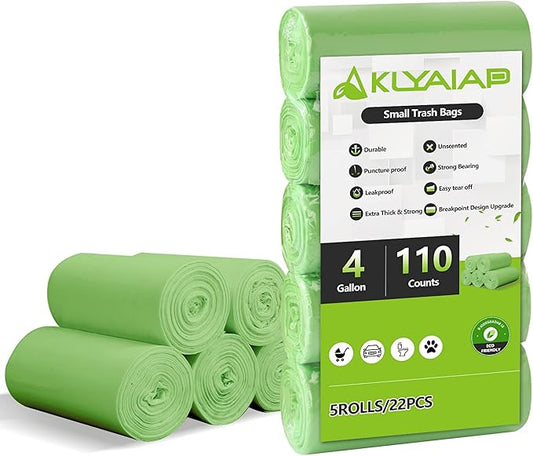 110 Counts Aklyaiap Small Trash Bags Biodegradable, Extra Thick & Strong 4 Gallon Trash Bag Green, Unscented Small Garbage Bags, Easy Tearing Waste Basket Liners for Kitchen, Bathroom, Bedroom, Office