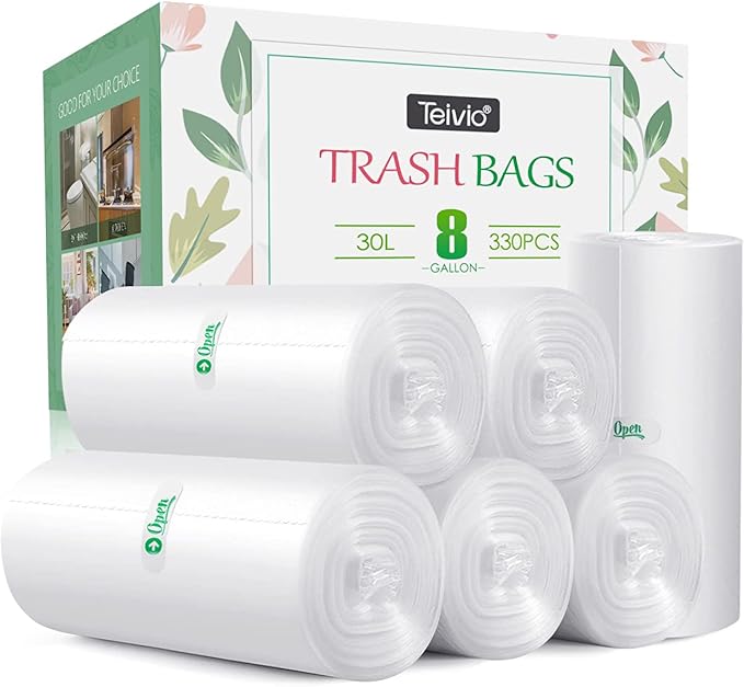 8 Gallon 330 Counts Unscented Medium Trash Bags,Fit 7,8,9,10 Gal Garbage Bags by Teivio, 30 Liter Thick Bathroom Can Bin Liners,Plastic Bags for Home Office Kitchen, Clear