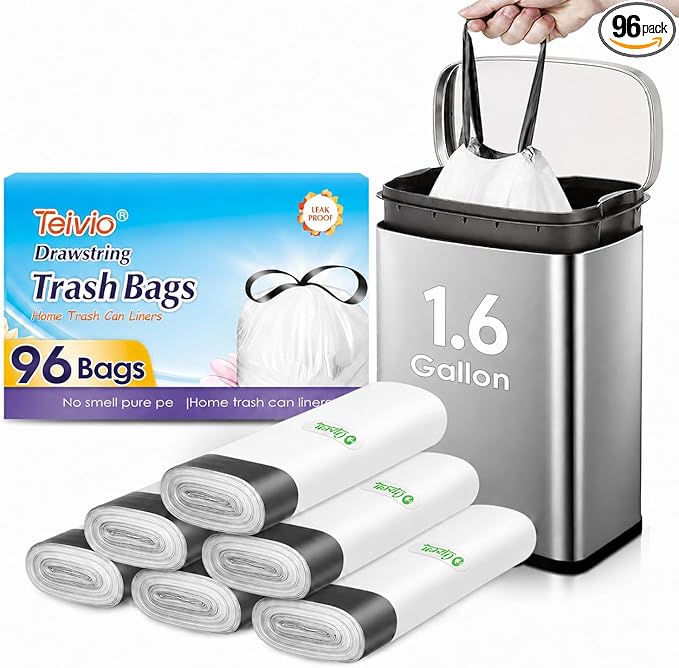 1.6 Gallon 96 Counts Small Drawstring Trash Bags by Teivio, Fit1.2,1.3,1.5 Gallon Bathroom Trash Can Bin Liners, 5-6 Liter Small Plastic Garbage Bags for home office kitchen, White