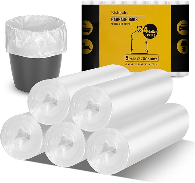 220Counts Small Trash Bags 4 Gallon, Flexible & Durable Small Garbage Bags, Unscented & Easy Tearing 4 Gallon Trash Bag for Kitchen, Bathroom, Bedroom, Office, Transparent,0.3Mil