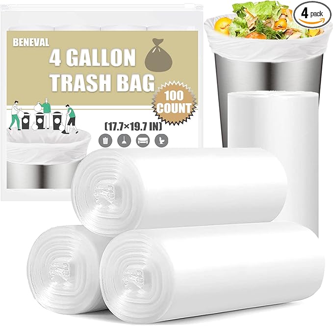 Small Trash Bags 4 Gallon - 100 Count 4 Gallon Trash Bag, Small Garbage Bags for Office Bedroom Bathroom Trash Bags, White 4 Gal Small Trash Can Liners