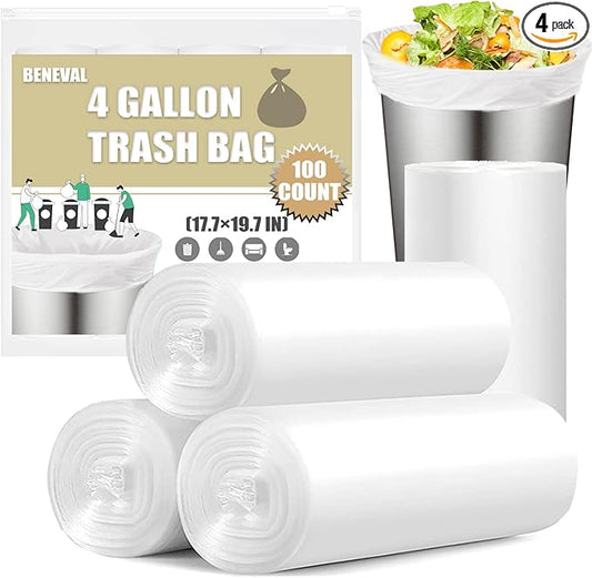 Small Trash Bags 4 Gallon - 100 Count 4 Gallon Trash Bag, Small Garbage Bags for Office Bedroom Bathroom Trash Bags, White 4 Gal Small Trash Can Liners