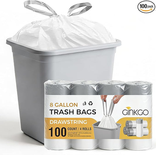 8 Gallon Trash Bags with Drawstring, 30 Liter Medium Garbage Can Liners, Leak-Proof Bathroom Trash Bags for Waste Baskets, Office & Bedroom Trash Cans, 100 Count